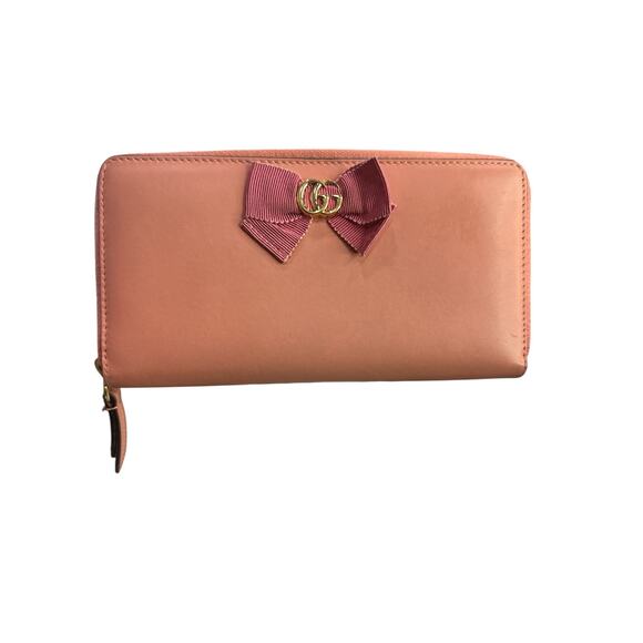 895. Gucci  Lambskin GG Bow Zip Around Wallet Light Pink - Picture 1 of 5